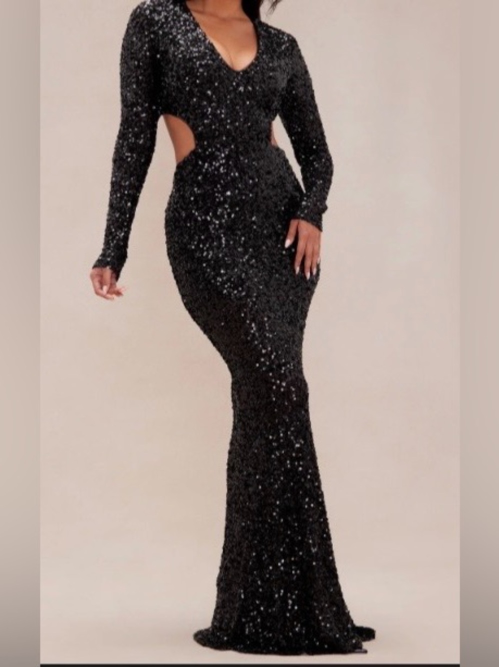 Fashion Nova Black Sequin Long Sleeve Cutout Gown